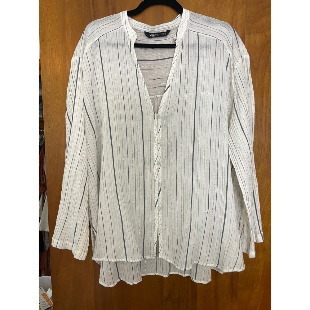 Zara Gray & Metallic Stripe Button Front Shirt XXL Elevated Basic Boho Chic